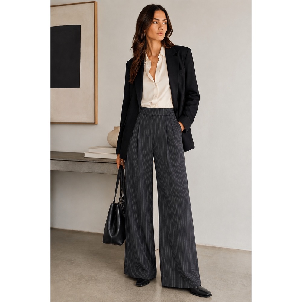 Nicole Miller New York Trouser Pants L Gray Pinstripe Wide Leg High Rise Office‎